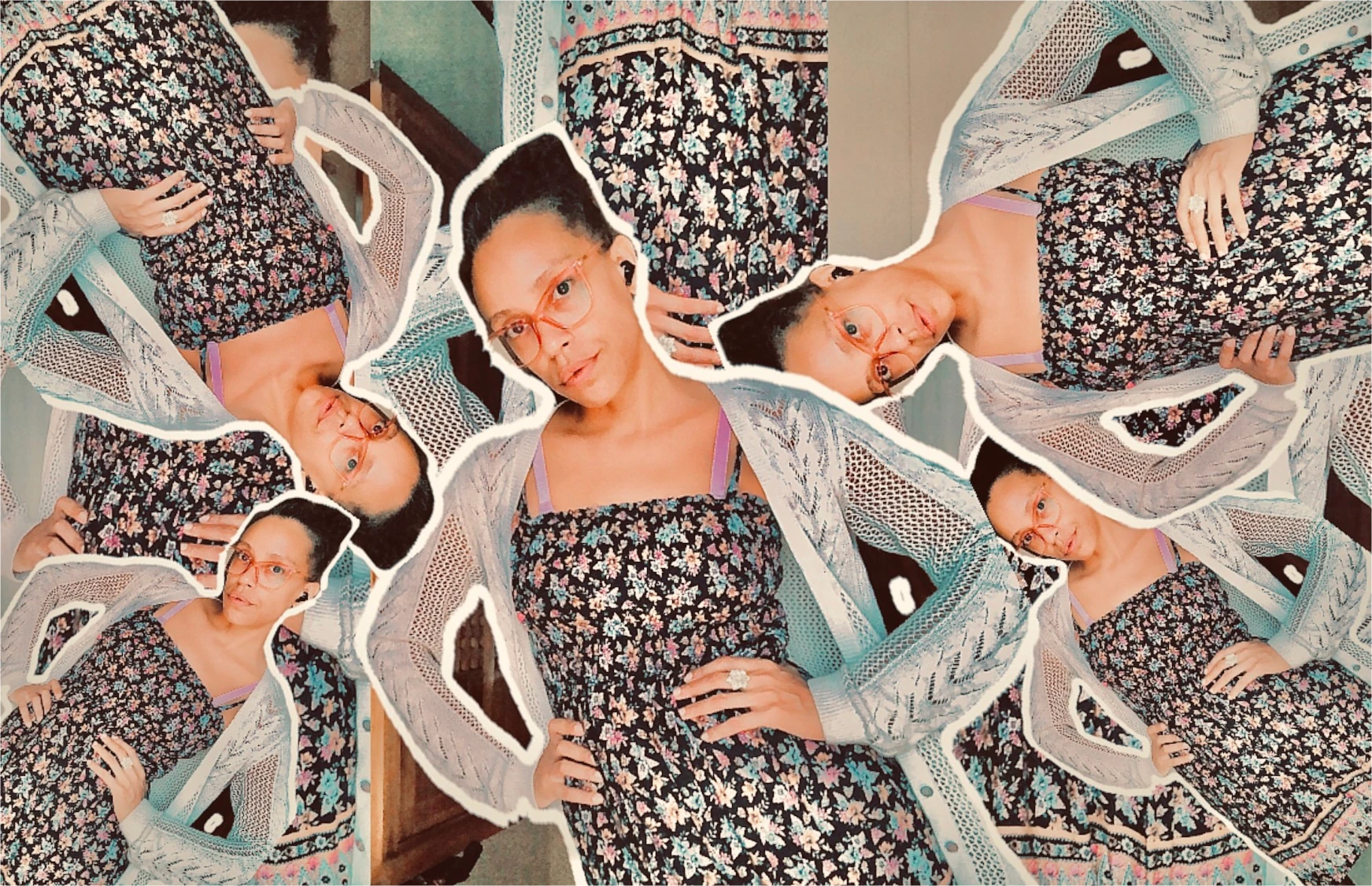 A series of selfies outlined with white to look like stickers. Ruth Nineke wears a floral pattern dress and black rimmed glasses. She stands with her hands on her hips