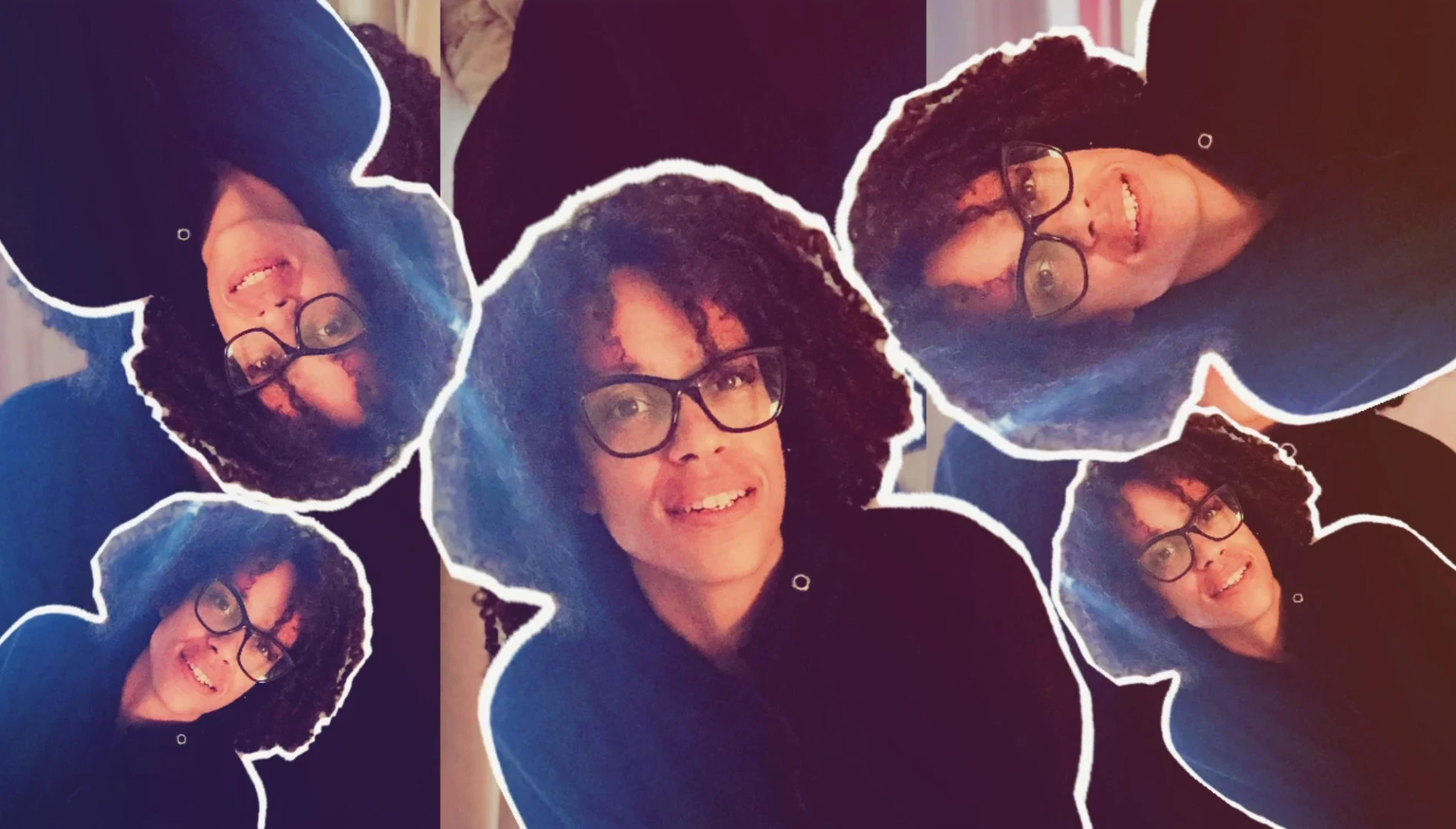An compositie of mages of Ruth Nineke wearing black glasses and a black hoodie, with her person outlined in a white border.